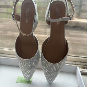 Soda Silver Crystal-Embellished Pointed Toe Ankle Strap Flats